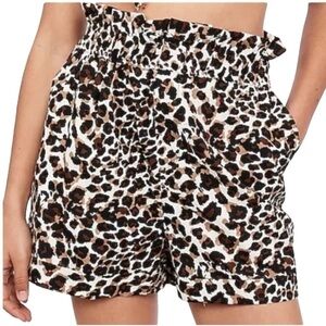 Express x Rocky Barnes leopard print linen blend paper bag waist shorts